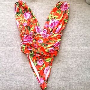 Zara Orange Floral V Neck Sleeveless Bodysuit Women's Small NWT